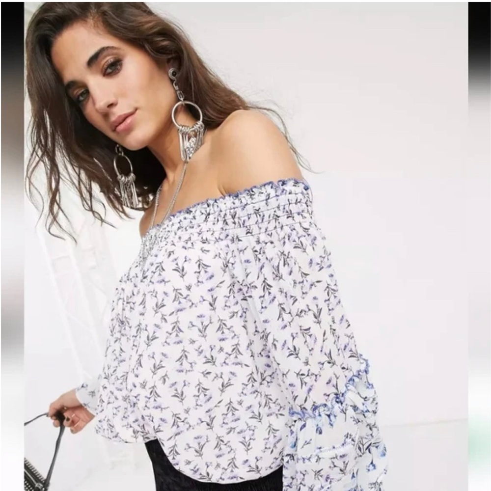 Free People Rose Valley Printed Off Shoulder Bell Sleeves Flowy Blouse XS